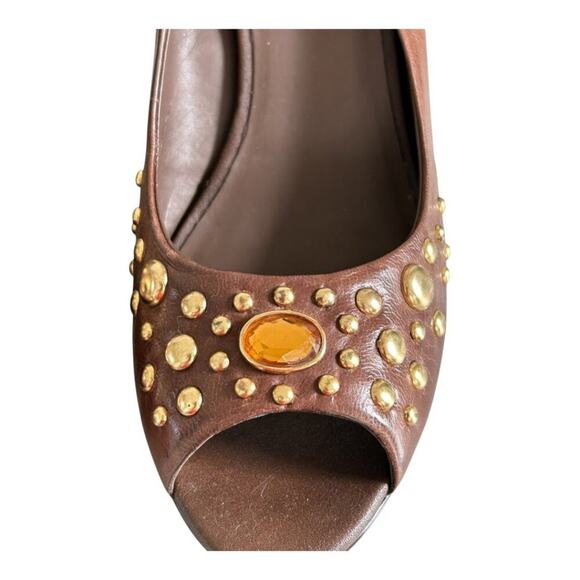 Franco Sarto Fanatic Heels Brown Studded Leather Peep Toe Stacked Heel Size 10M - Picture 6 of 14